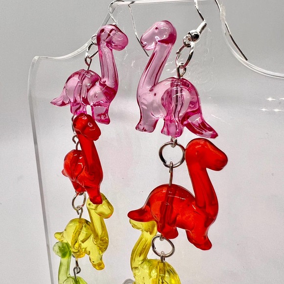 Dinosaur Chain Earrings - Toy Earrings - Rainbow Earrings - Long Earrings - Picture 9 of 11